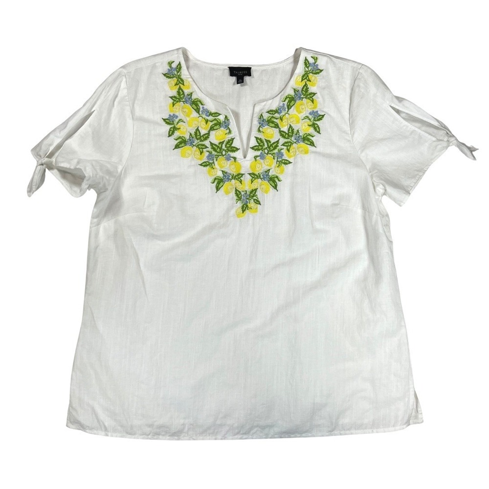 Talbots Petite Linen Top MP White Embroidered Lemon Short Sleeve
